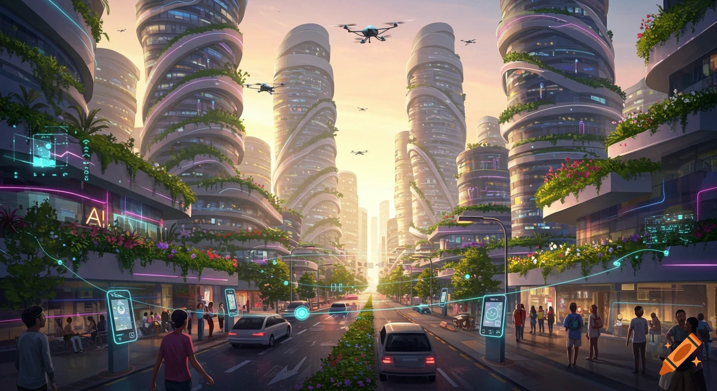 A vibrant futuristic city with towering, green-covered buildings, flying drones, digital interfaces, and pedestrians on a clean street.