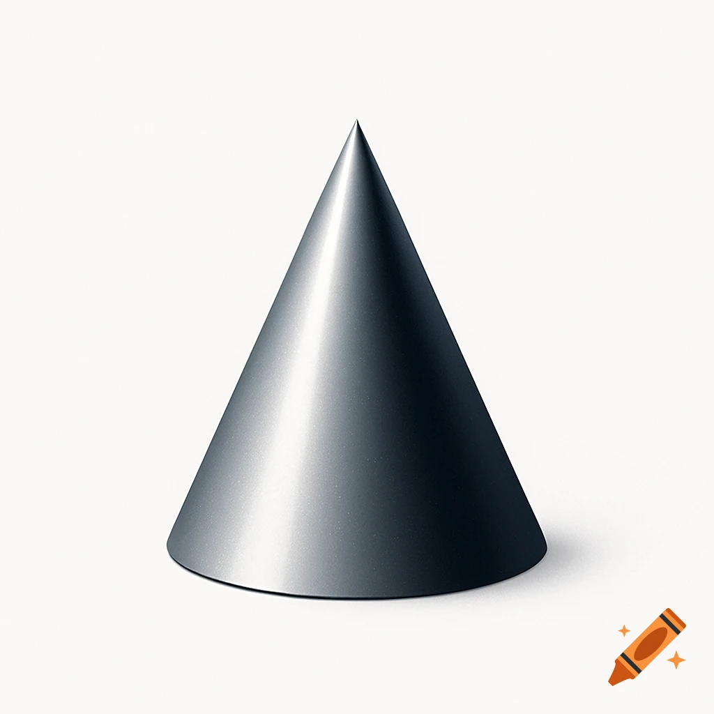 A silver metallic conical shape stands on a plain white background, with a clean, reflective surface.