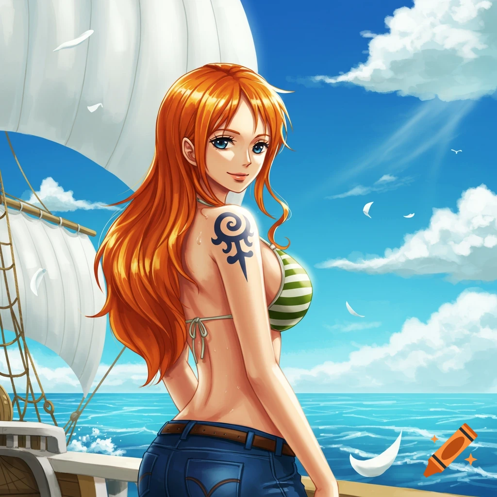 Anime character Nami in a green and white striped bikini top and jeans on a ship deck with ocean and blue sky.