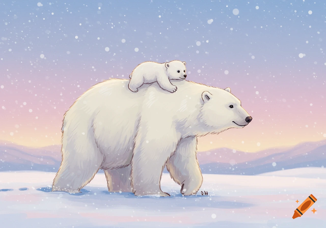 An animated illustration of a mother polar bear carrying her cub on her back in a snowy, pastel landscape.