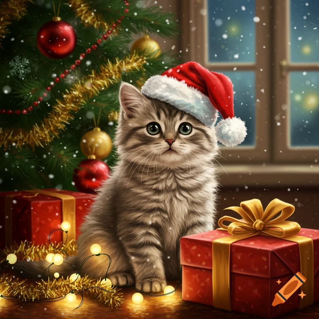 A cute tabby kitten wearing a Santa hat sits among glowing Christmas lights and red presents in front of a decorated Christmas tree, with snow falling outside a window.