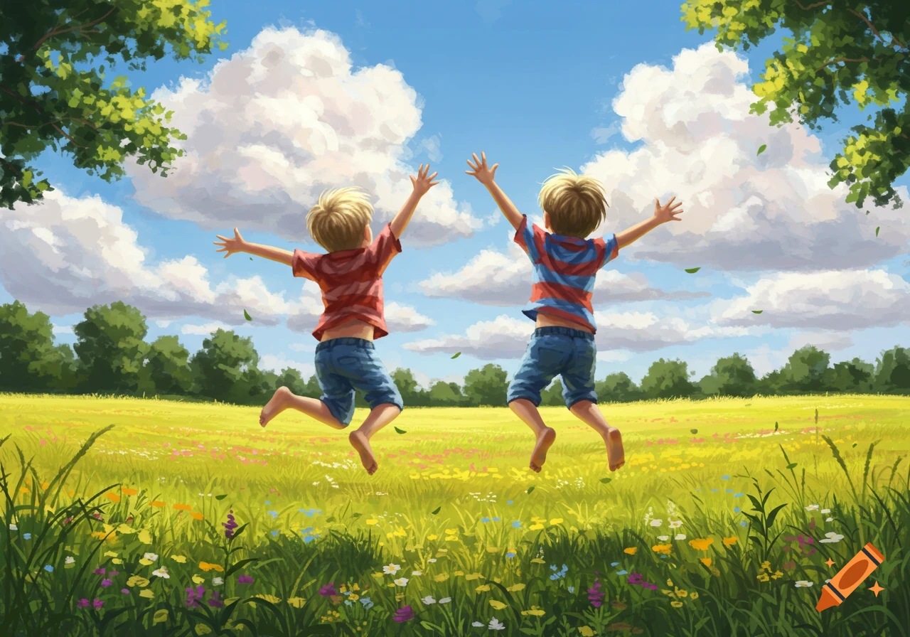 Two young boys, arms raised, joyfully jump in a vibrant green field with wildflowers under a blue sky. Illustrated style.