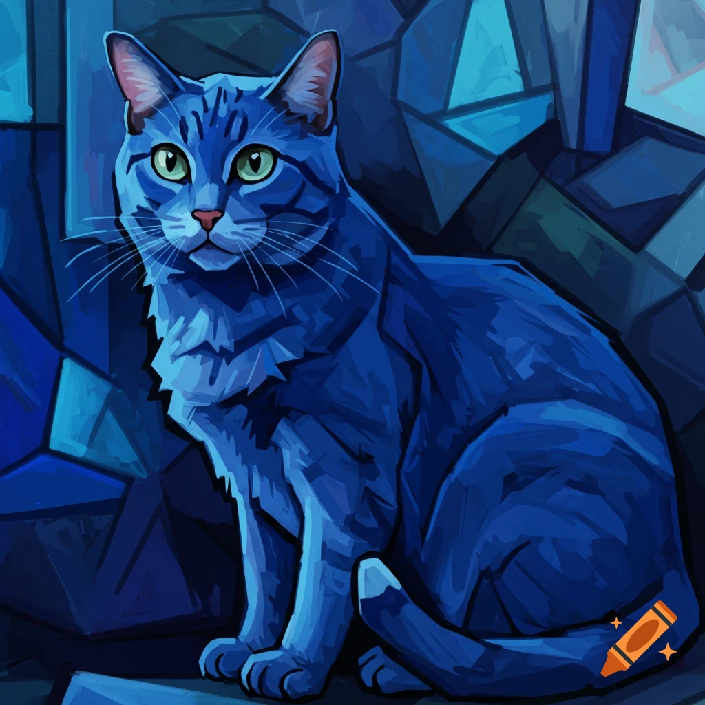 A stylized blue cat with bright green eyes sits against a geometric blue background in a Cubist art style.