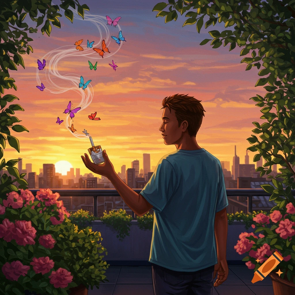 Illustrated man on a rooftop at sunset, holding a cigarette pack from which colorful butterflies fly over a city skyline.