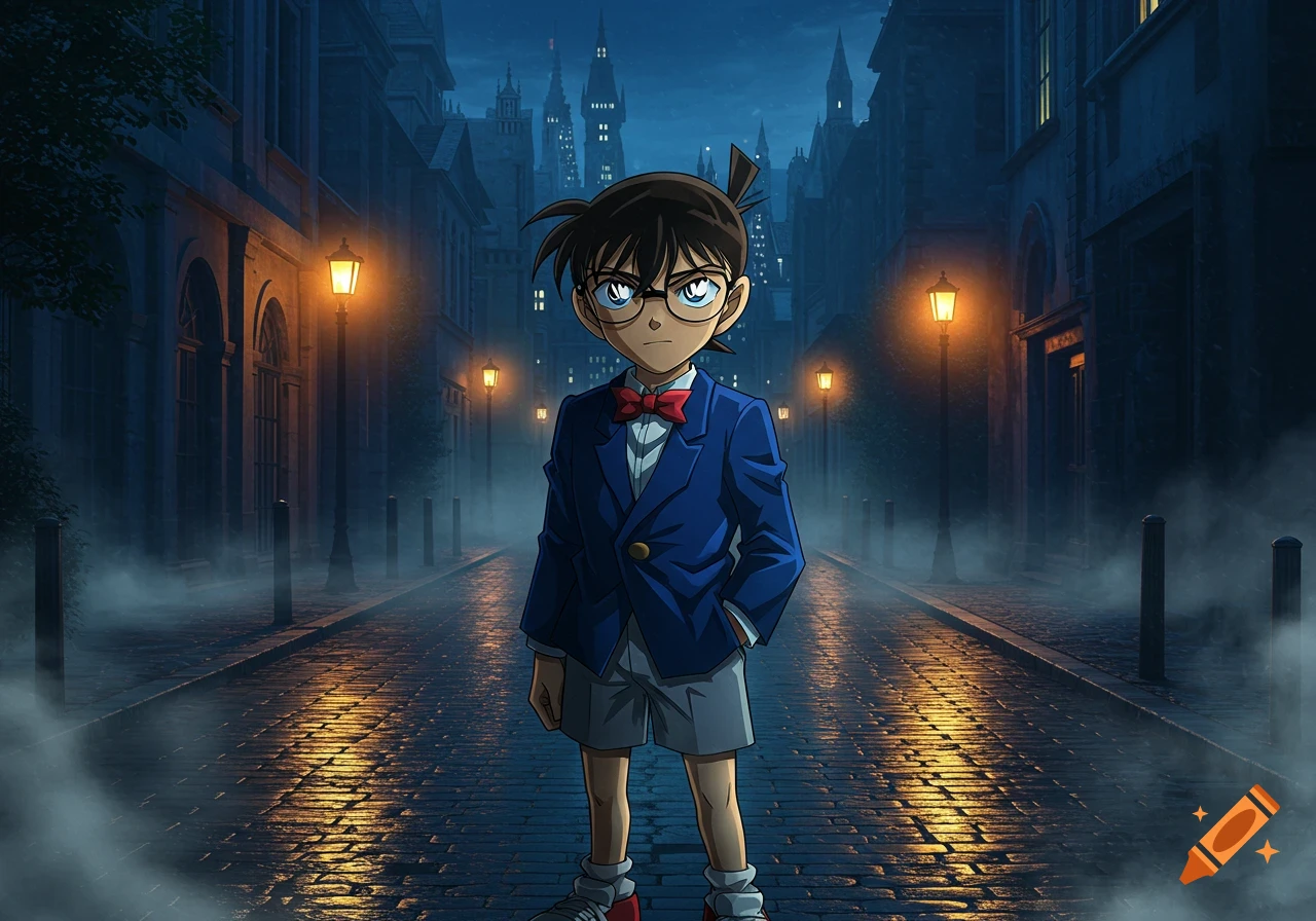 Anime boy in a blue suit and red bow tie stands on a dark, misty cobblestone street lit by lampposts, with old buildings in the background.