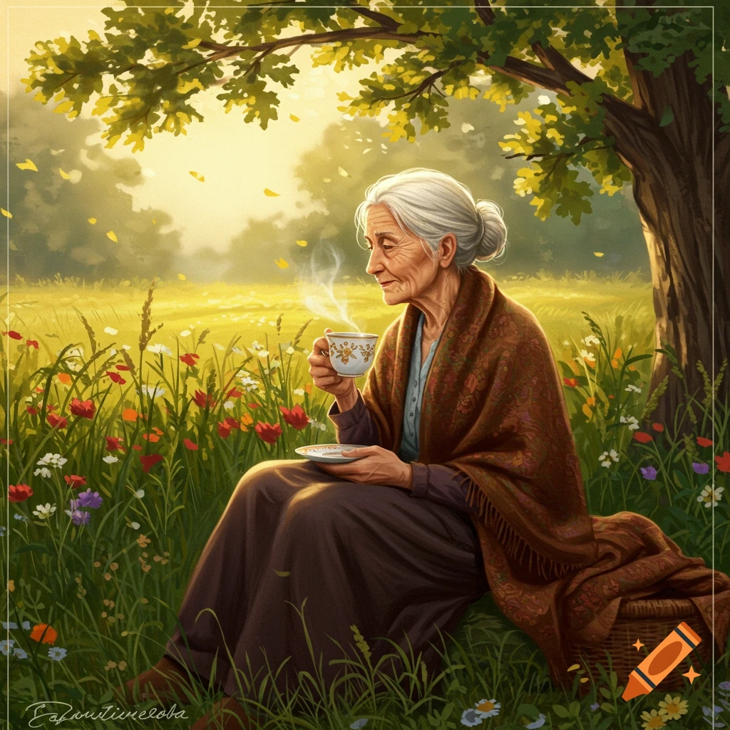 An old woman with white hair sits in a vibrant flower field under a tree, sipping tea from a delicate cup in a painterly style.