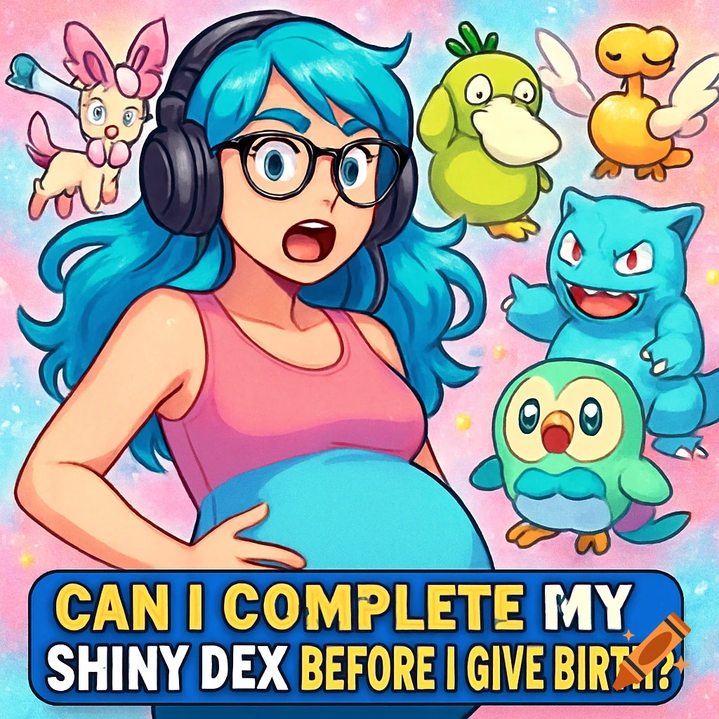 A pregnant woman with blue hair, glasses, and headphones surrounded by cartoon Pokémon-like creatures. A banner reads "Can I complete my Shiny Dex before I give birth?"