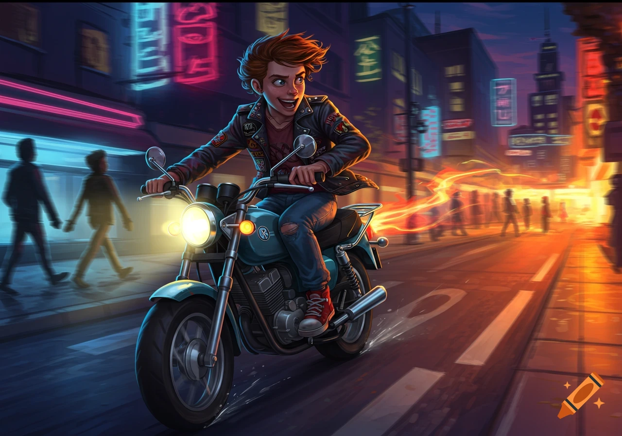 A stylized cartoon of a smiling teenager on a motorcycle speeding through a vibrant, neon-lit city street at night.