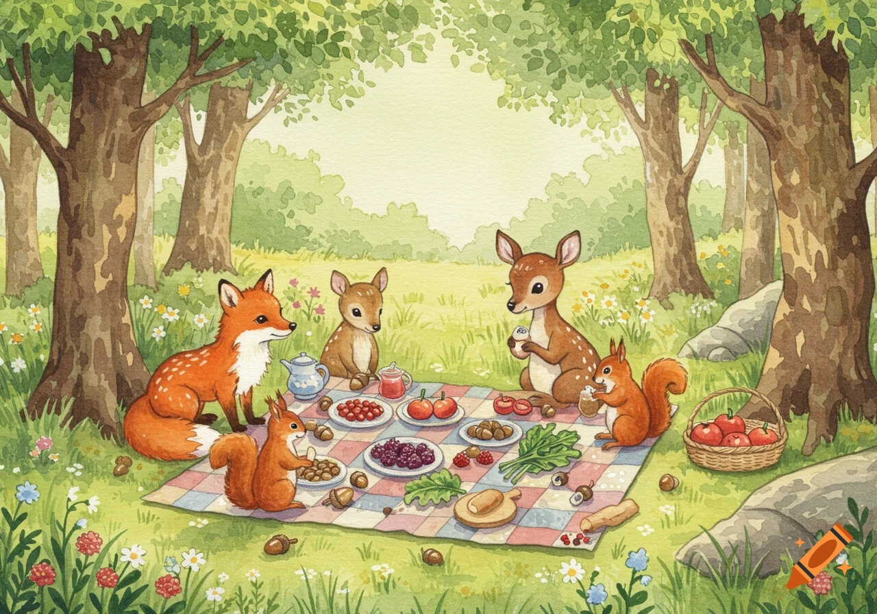 Watercolor illustration of a fox, two fawns, and two squirrels having a picnic in a lush forest clearing.