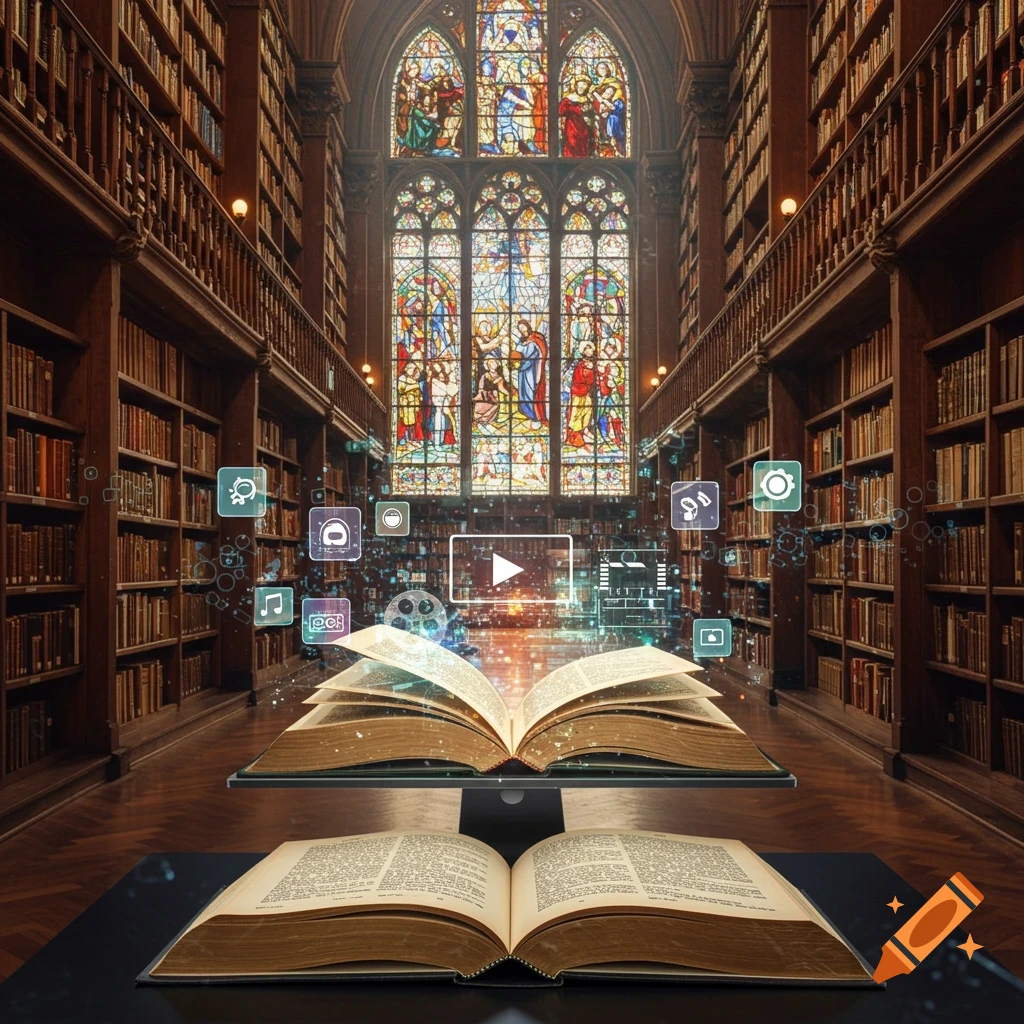 A grand library with high bookshelves and a stained glass window. An open book on a computer screen emits digital icons, with another open book on the desk below.