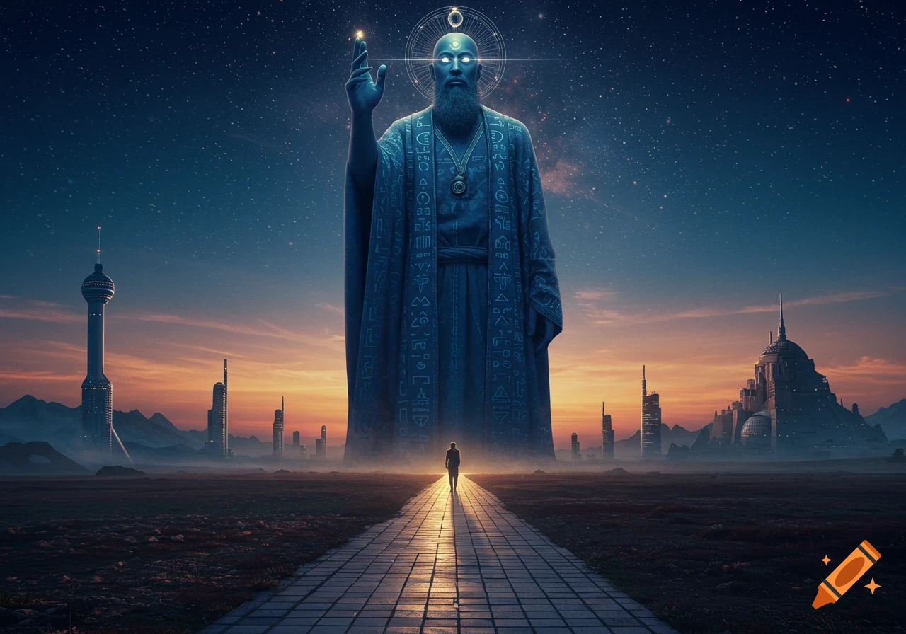 Colossal blue-skinned prophet with glowing eyes stands over a person on a path leading to futuristic cities under a starry sunset.