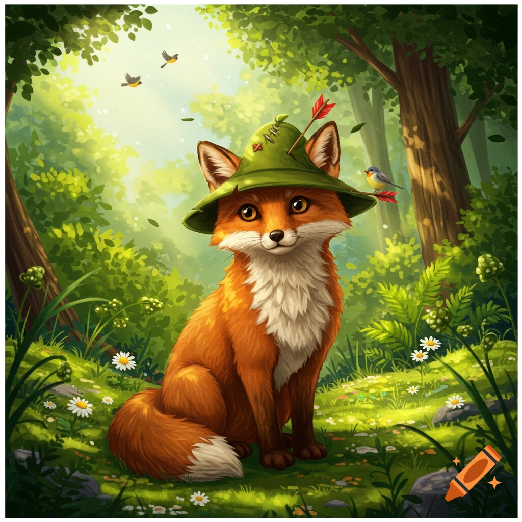 A cute brown fox wearing a green hat with a red arrow sits in a vibrant forest clearing among white flowers and birds.