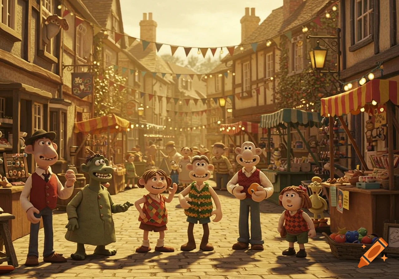 Claymation characters, including Wallace-like figures and a green creature, in a bustling street market with stalls and banners.