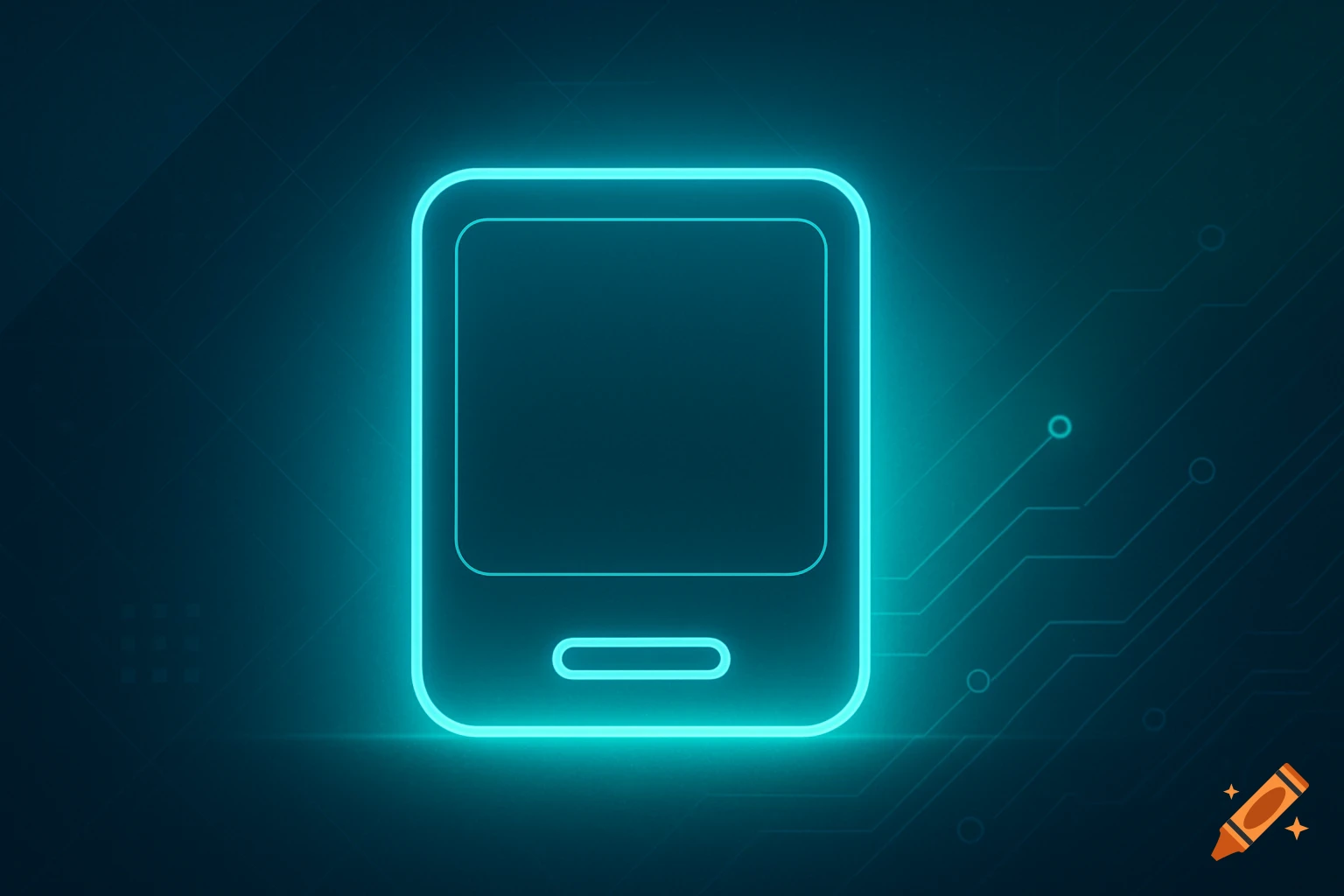 A glowing cyan smartphone outline on a dark digital circuit background.