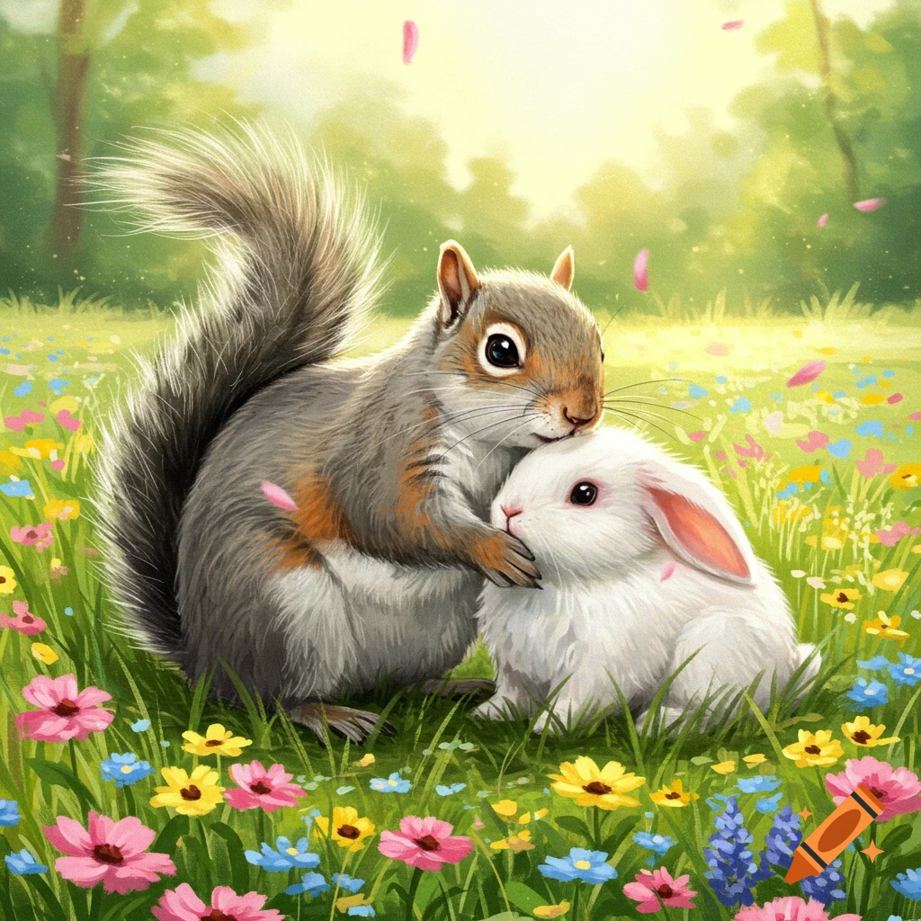 A cute gray squirrel gently hugs a fluffy white bunny in a vibrant field of colorful wildflowers.
