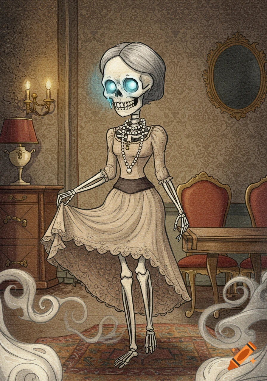 A cartoonish skeleton woman with glowing blue eyes and gray hair, wearing an elegant beige dress and pearl necklace, stands in a gothic room.
