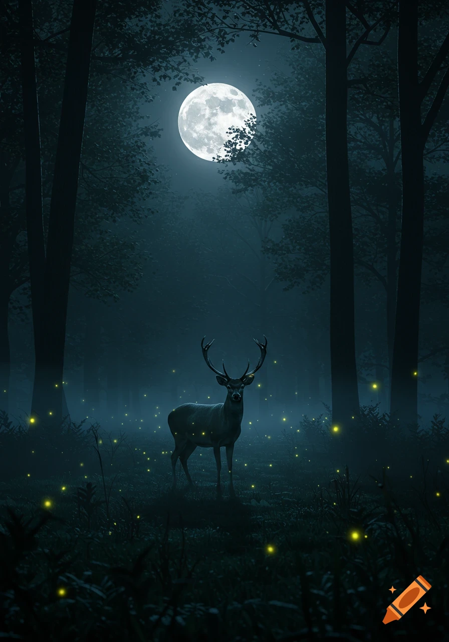 A majestic deer stands in a dark, misty forest under a bright full moon, surrounded by glowing fireflies.