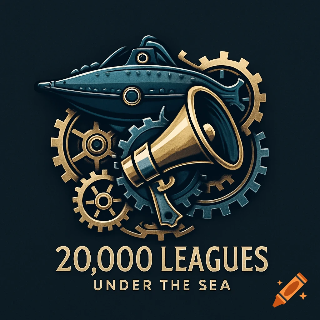A steampunk logo featuring a blue Nautilus submarine, a gold megaphone, and interlocking gears, with the text '20,000 LEAGUES UNDER THE SEA'.