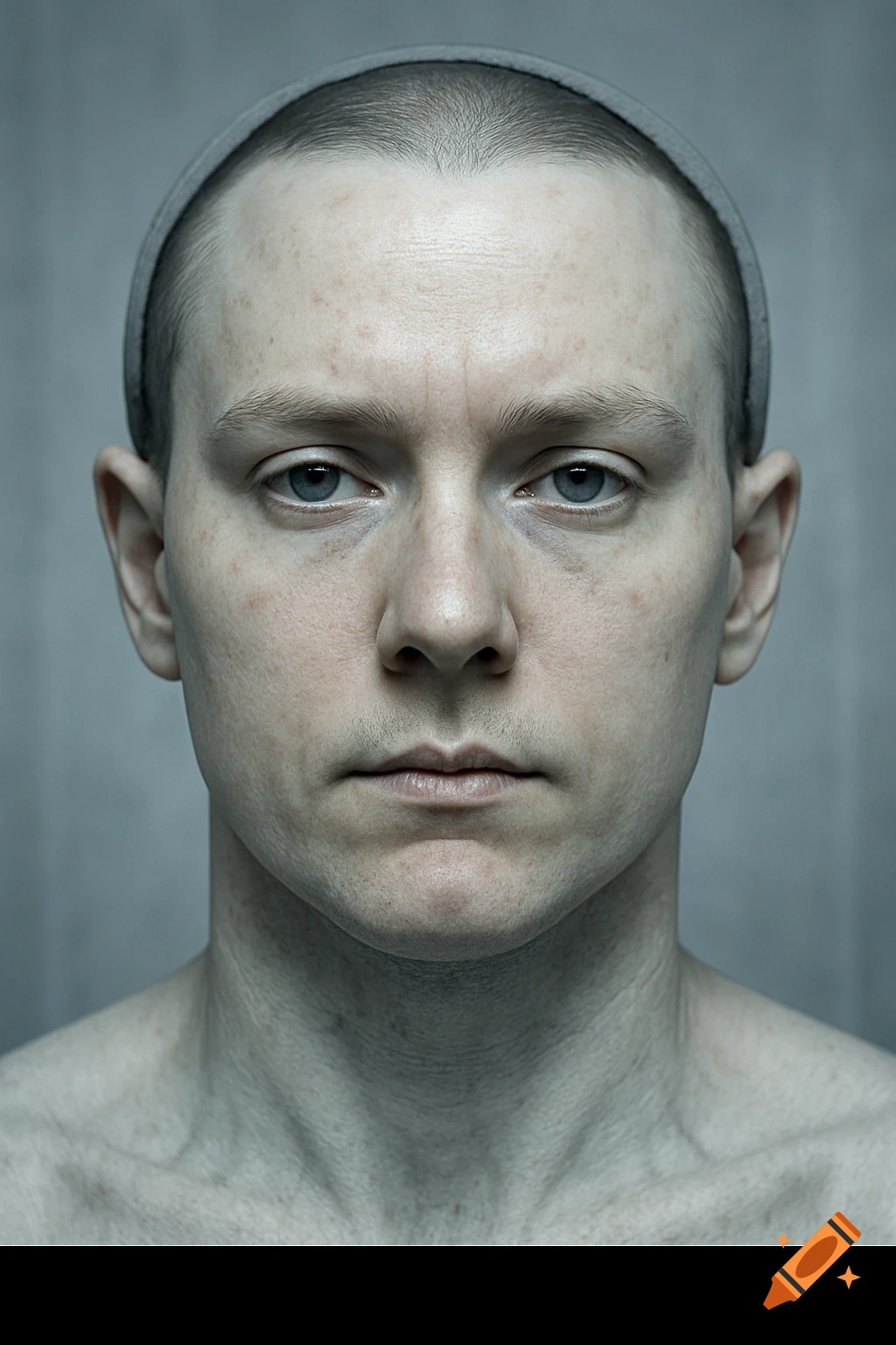 Close-up photorealistic portrait of a person with a shaved head and freckles, wearing a grey headband.