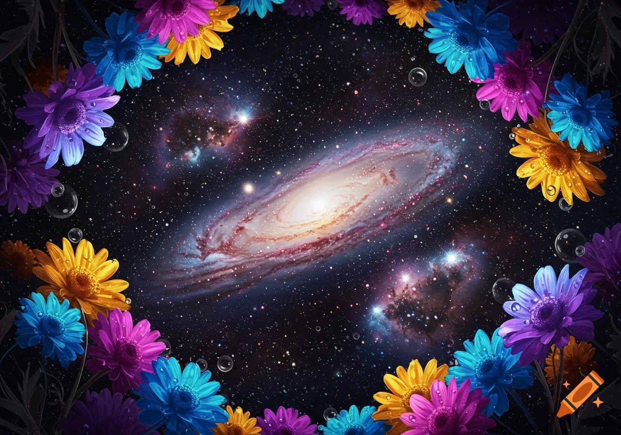 A vibrant spiral galaxy framed by colorful dewy flowers and bubbles against a starry dark space.