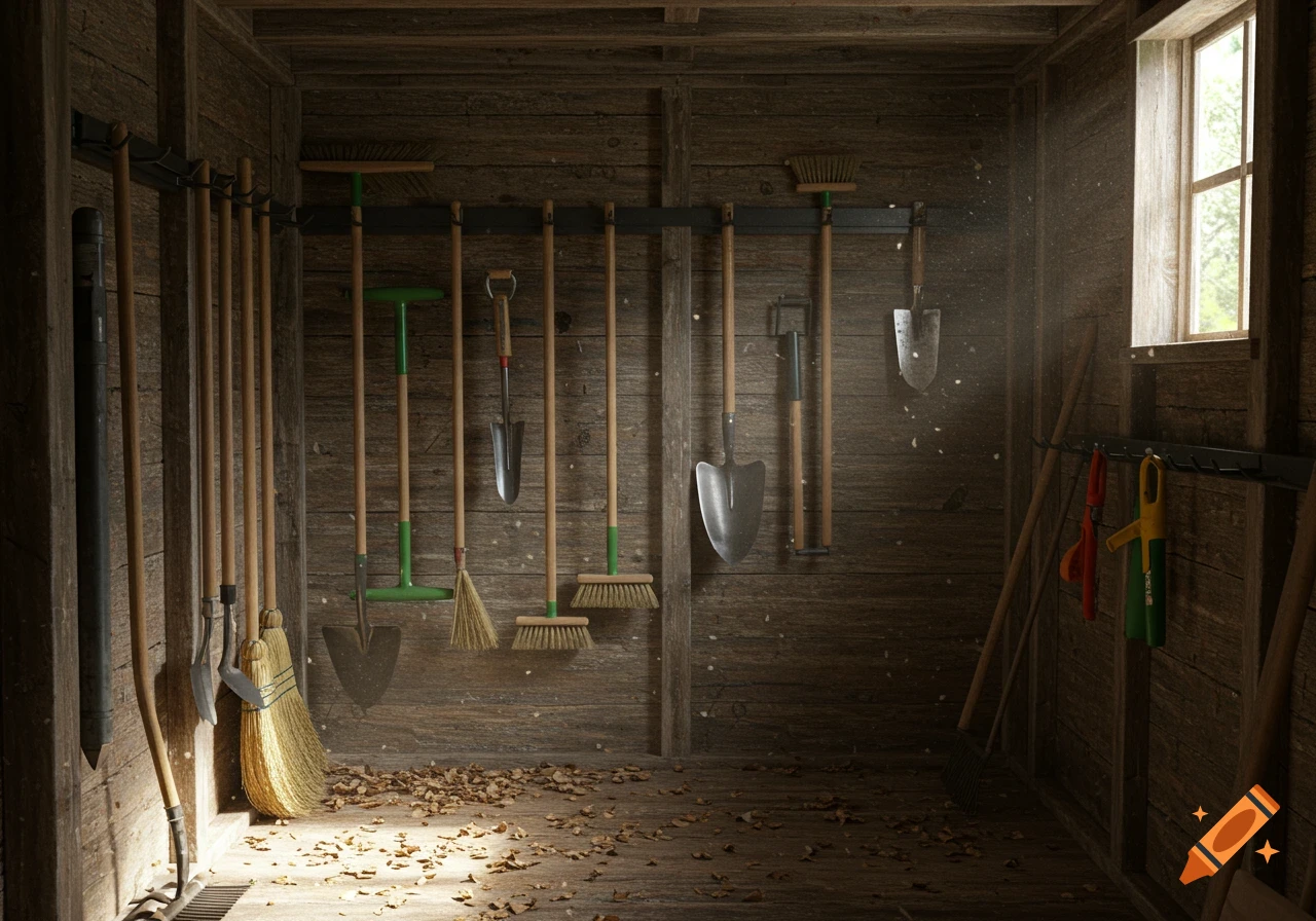 A rustic wooden shed interior with various gardening tools hanging on a wall. Sunlight streams from a window, highlighting dust and leaves on the floor.