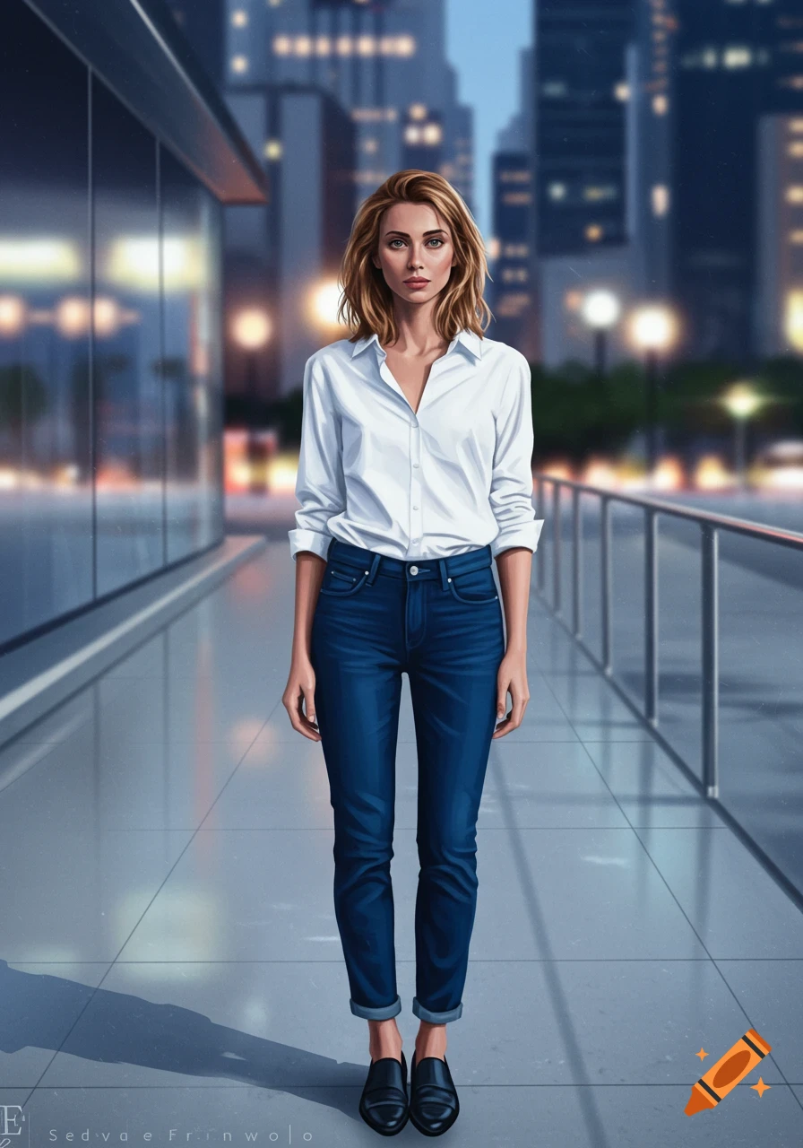 Digital art of a woman in a white collared shirt and blue jeans standing on a sidewalk in a modern city.