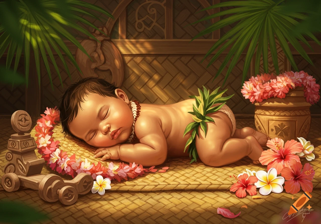 An illustration of a chubby Polynesian baby sleeping peacefully on a woven mat, adorned with a lei, tropical flowers, and leaves.