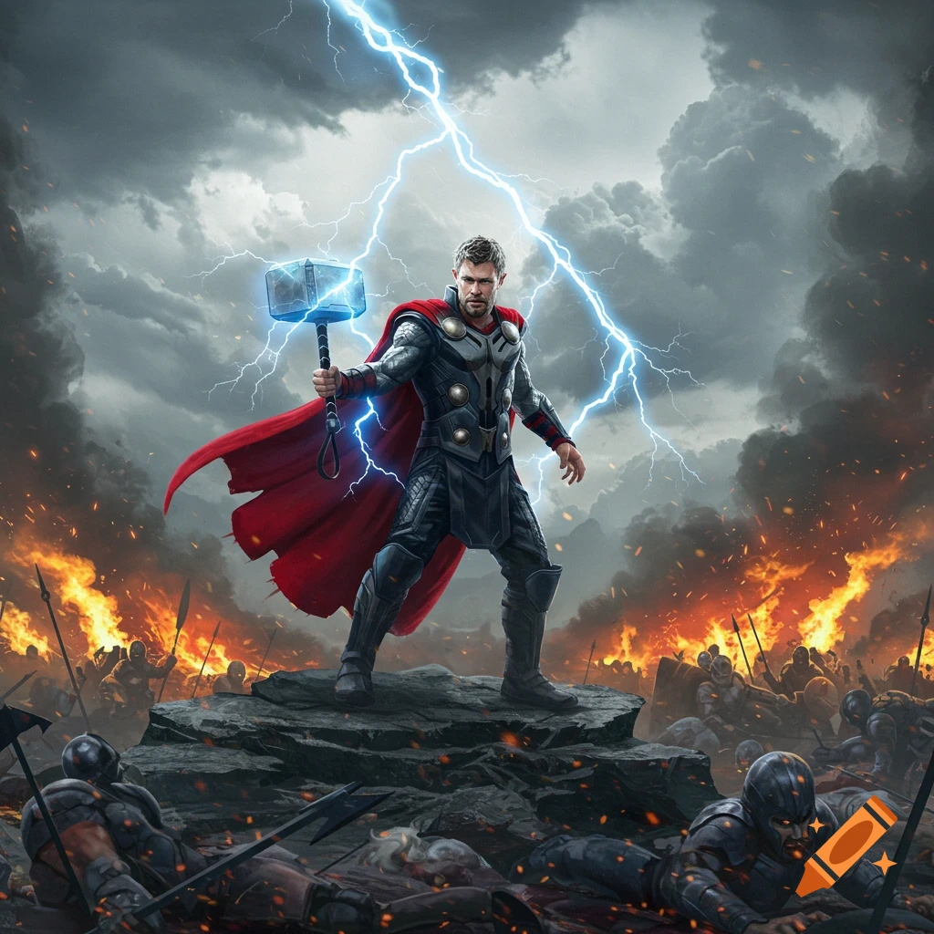 Thor stands on a rocky outcrop in a fiery battleground with fallen warriors, wielding Mjolnir and surrounded by lightning.