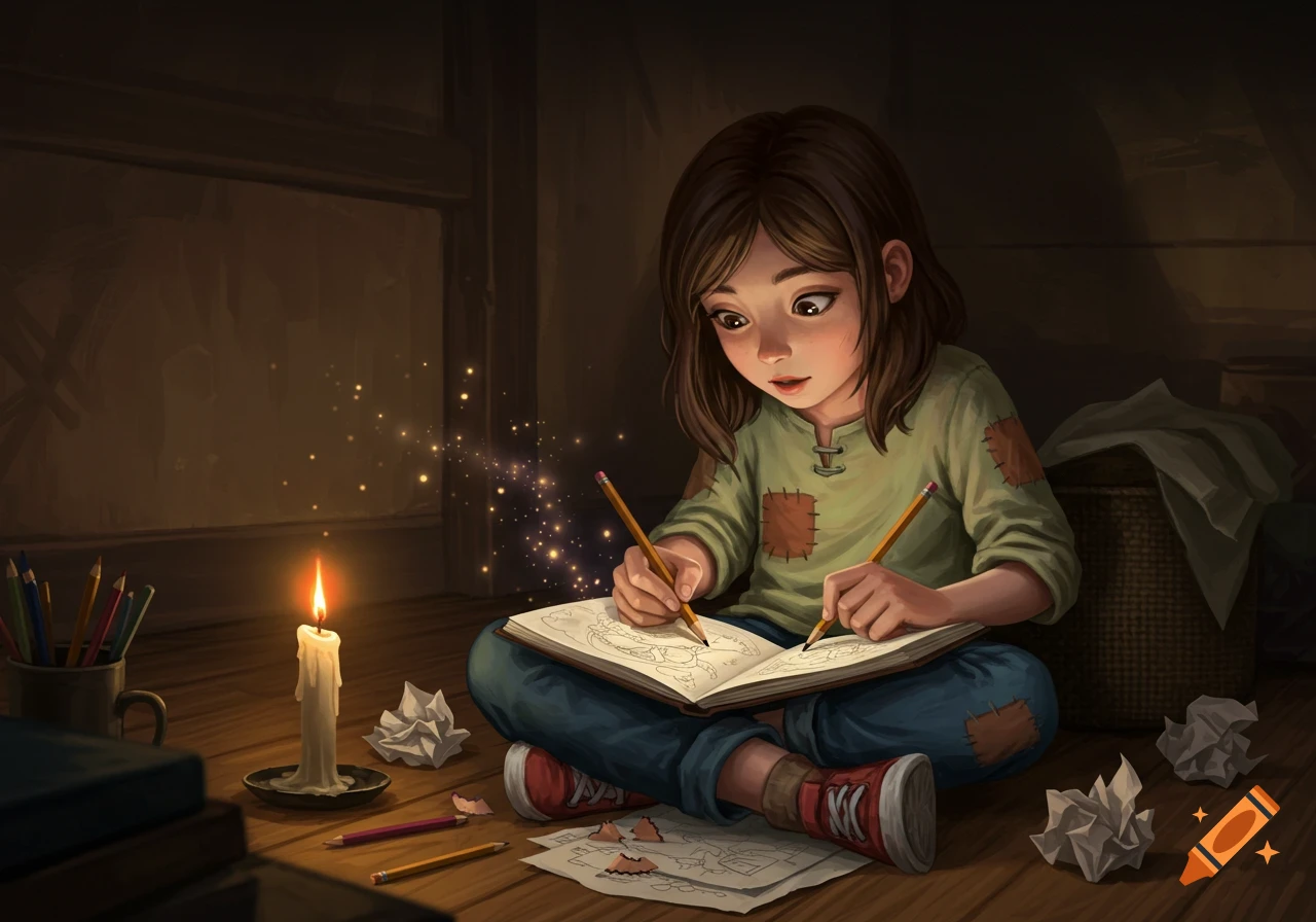 A young girl with dark hair draws in a sketchbook by candlelight, surrounded by pencils and crumpled papers on a wooden floor.