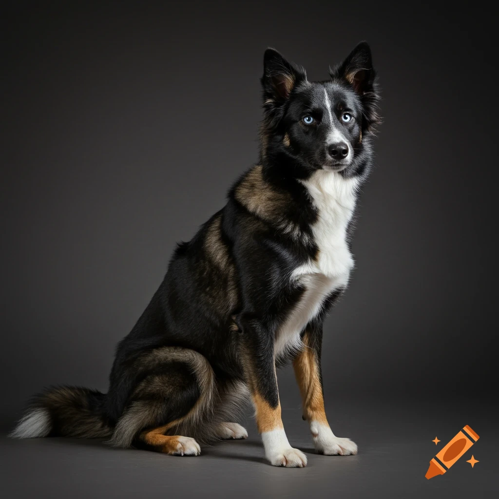 Photorealistic studio portrait of a black, white, and tan dog with striking blue eyes, sitting gracefully.