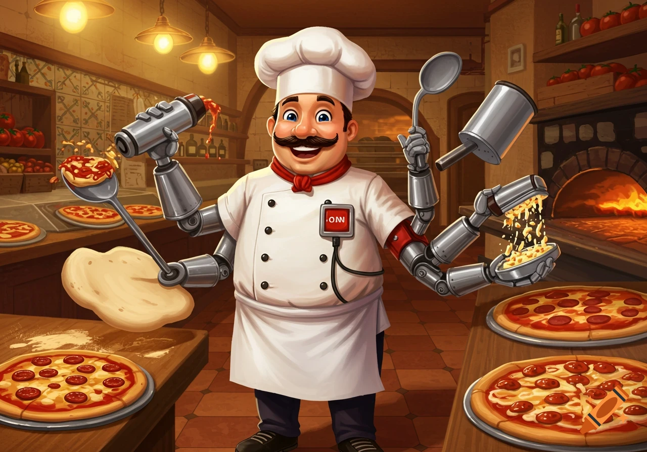 A smiling cartoon chef with robotic arms makes pizzas in a busy kitchen, with a wood-fired oven in the background. He holds a dough, a spoon of sauce, and sprinkles cheese.