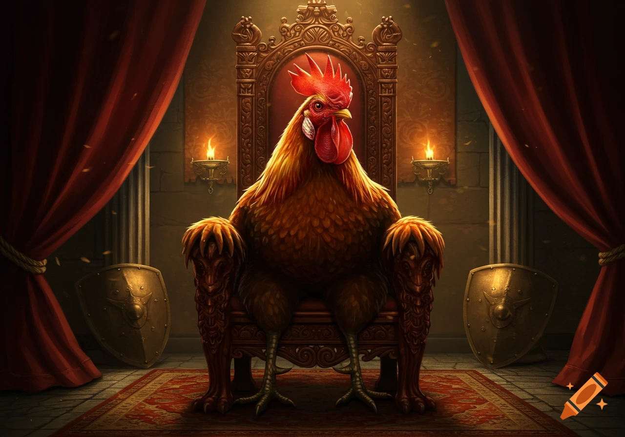 A king rooster with a red comb sits regally on an ornate throne in a dramatic, dimly lit room with red curtains.