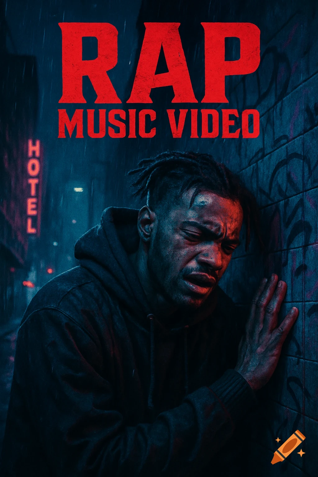 Anguished man in a dark, rainy city street with neon signs and graffiti. "RAP MUSIC VIDEO" text at top. Cinematic style.