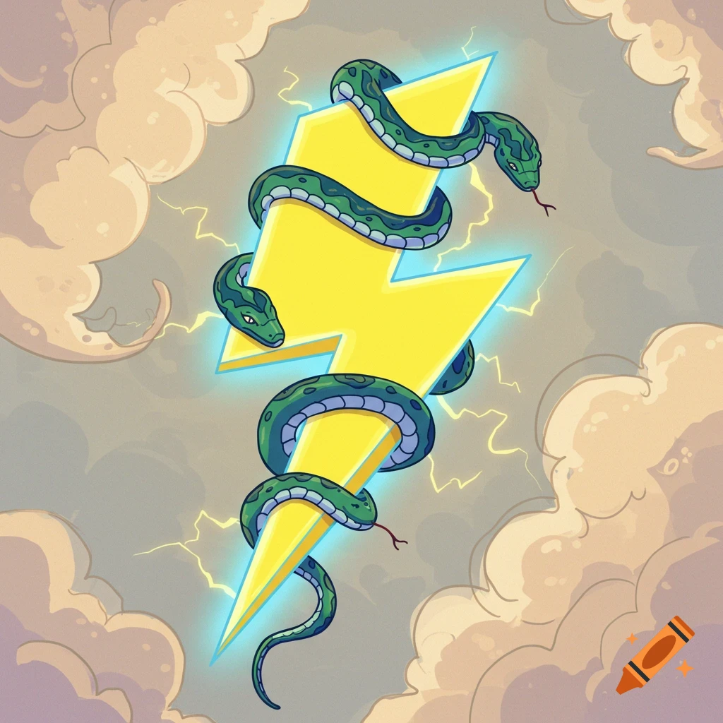 Cartoon of a green snake wrapped around a glowing yellow lightning bolt amidst swirling clouds.
