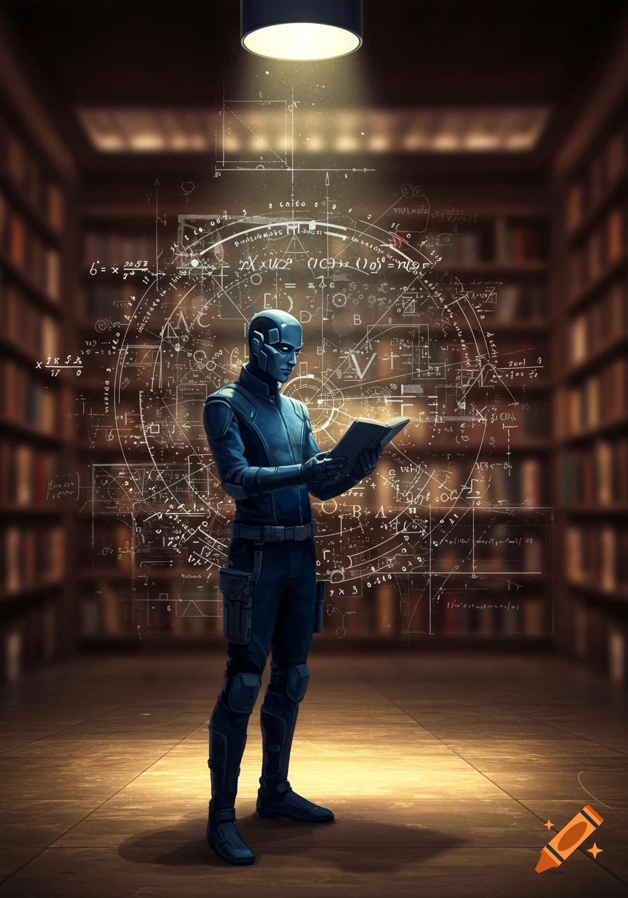 A blue robot in a dimly lit library reads a book, surrounded by glowing scientific formulas and diagrams.