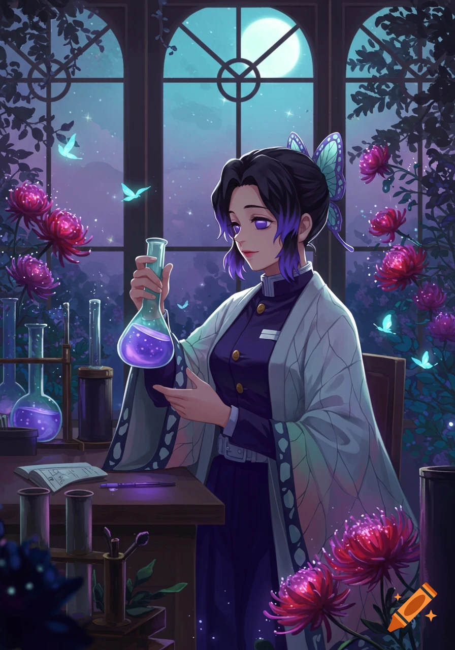 Anime character Shinobu Kocho holds a glowing flask in a moonlit lab surrounded by mystical flowers and butterflies.