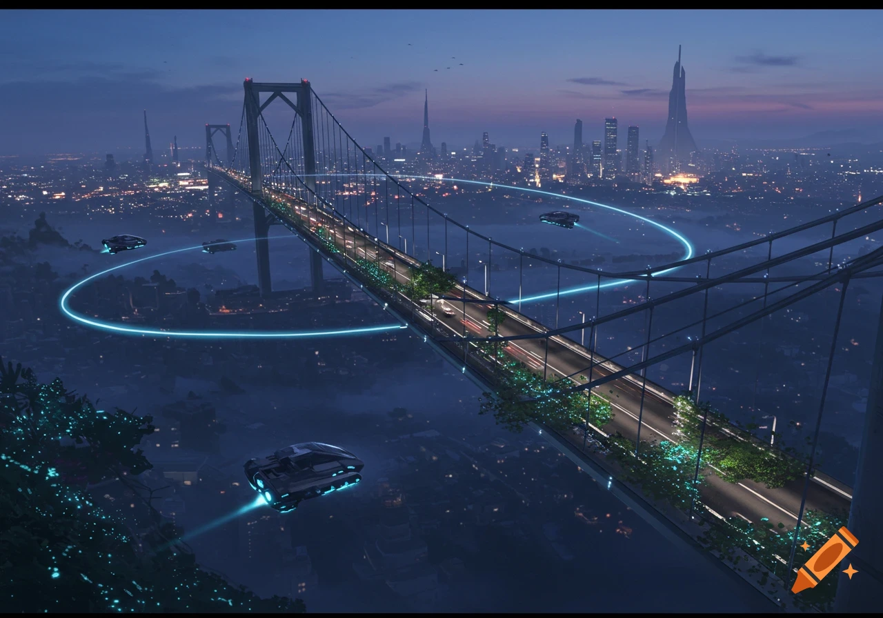 A photorealistic futuristic cityscape at dusk, featuring a large suspension bridge with integrated greenery, glowing neon rings, and flying cars.