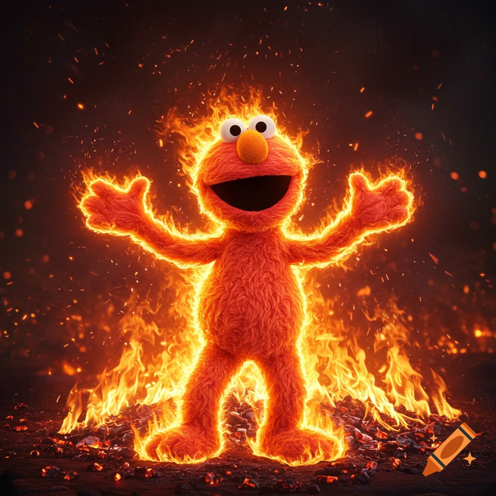 Photorealistic Elmo standing in a pile of embers, engulfed in bright orange and red flames, with sparks flying.