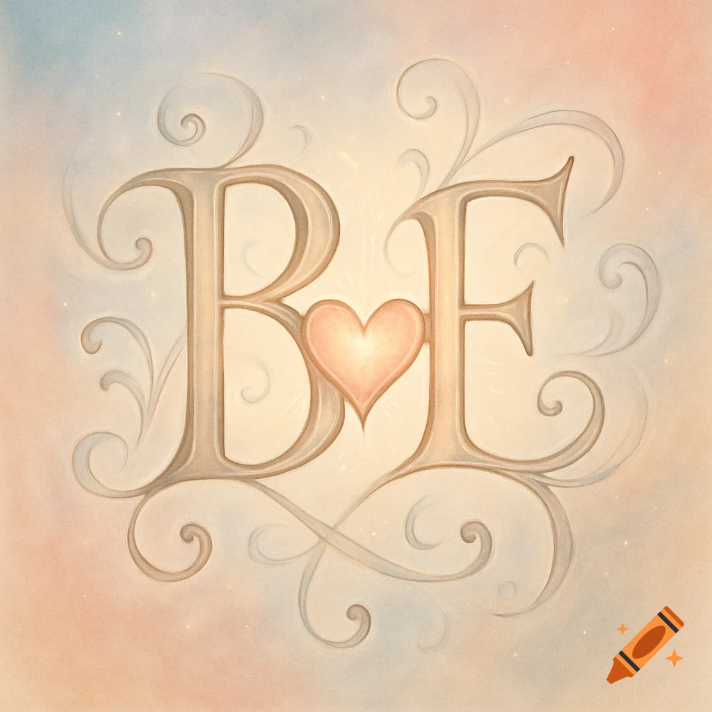 Decorative illustration of intertwined ornate letters 'B' and 'E' with a glowing heart between them, surrounded by flourishes on a soft, pastel background.