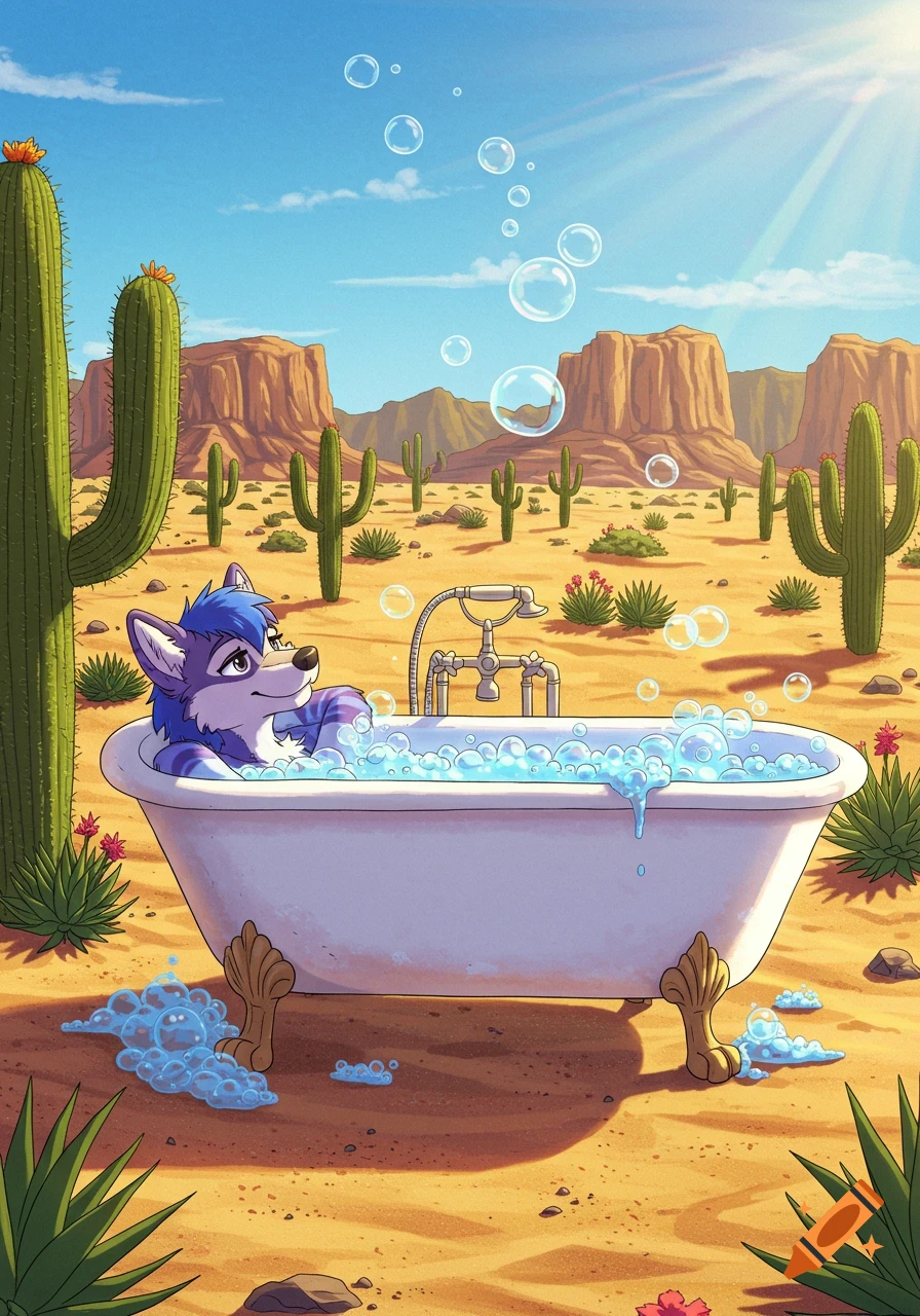 An anthropomorphic blue wolf relaxes in a bubble bath in a desert landscape with cacti and mountains, Amblimation style.