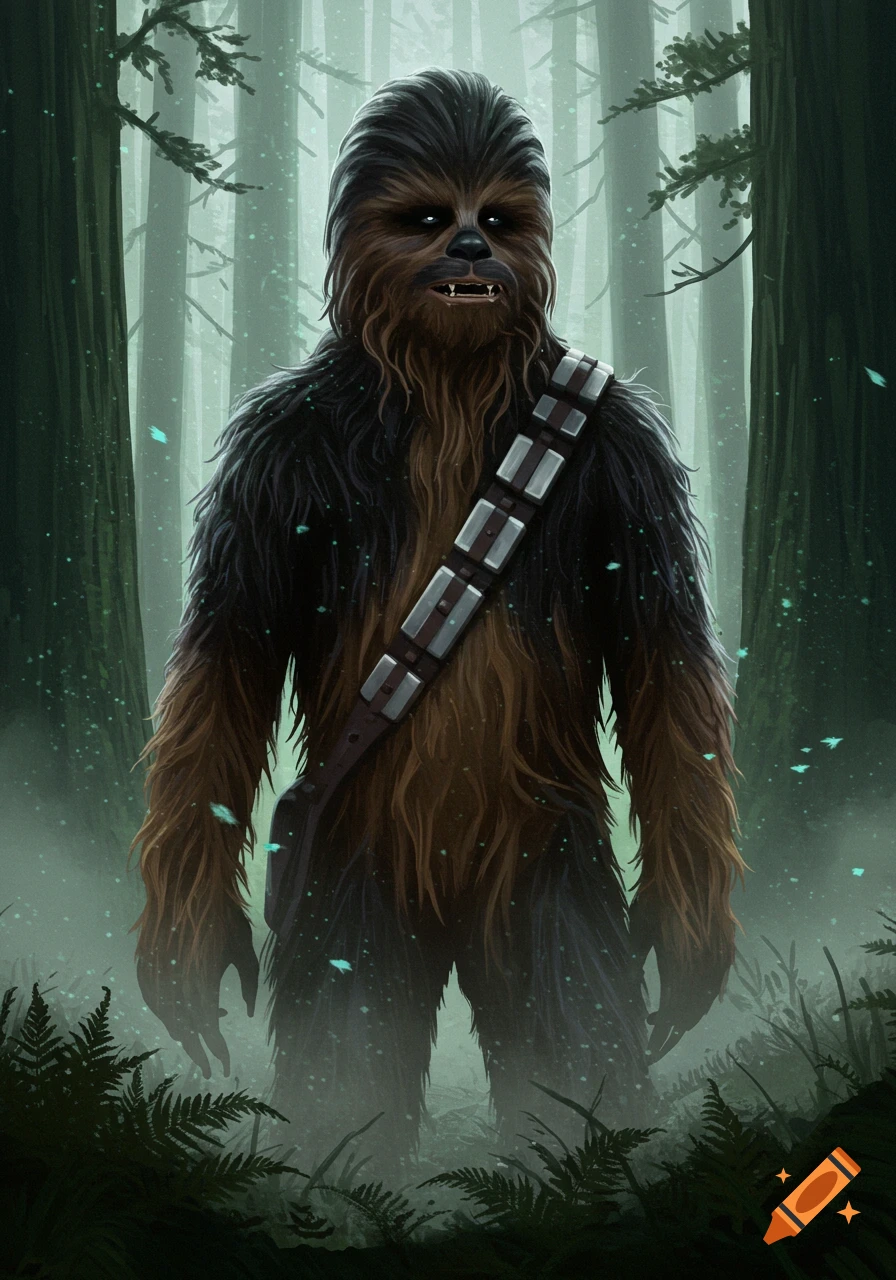 Dark-furred Wookiee with a bandolier stands in a misty forest with glowing particles, digital painting.