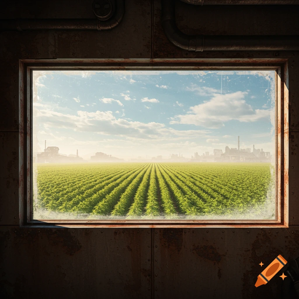 A window in a rusty, industrial room overlooks a vast green hemp field stretching towards a hazy city skyline under a partly cloudy sky.