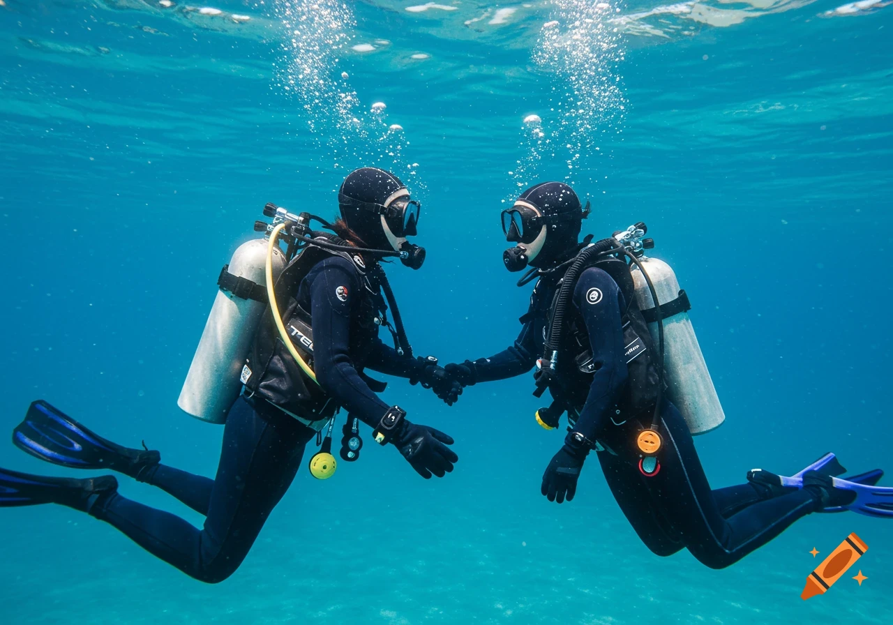 Two photorealistic divers in full gear, holding hands underwater in clear blue water, with bubbles rising.