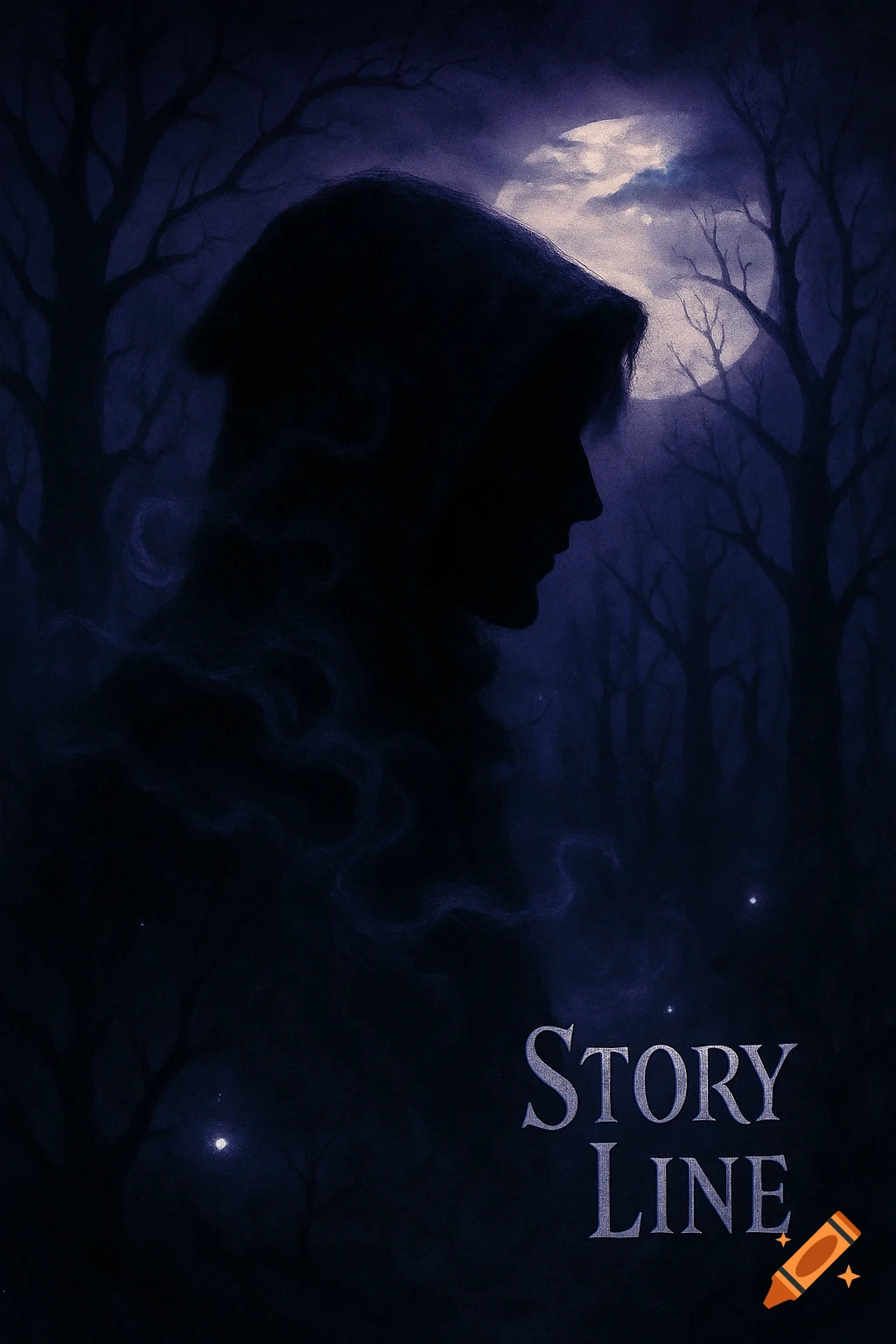 A dark silhouette of a hooded figure stands in a spooky forest under a full moon, with 'STORY LINE' text at the bottom.