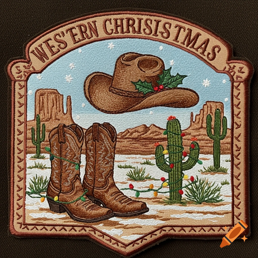 Embroidered Western Christmas patch featuring a cowboy hat, boots, cacti decorated with lights, snow, and desert mesas.