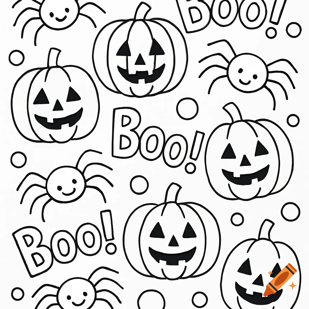 Black and white line art coloring page pattern featuring smiling jack-o'-lanterns, happy spiders, 'Boo!' text, and small circles.