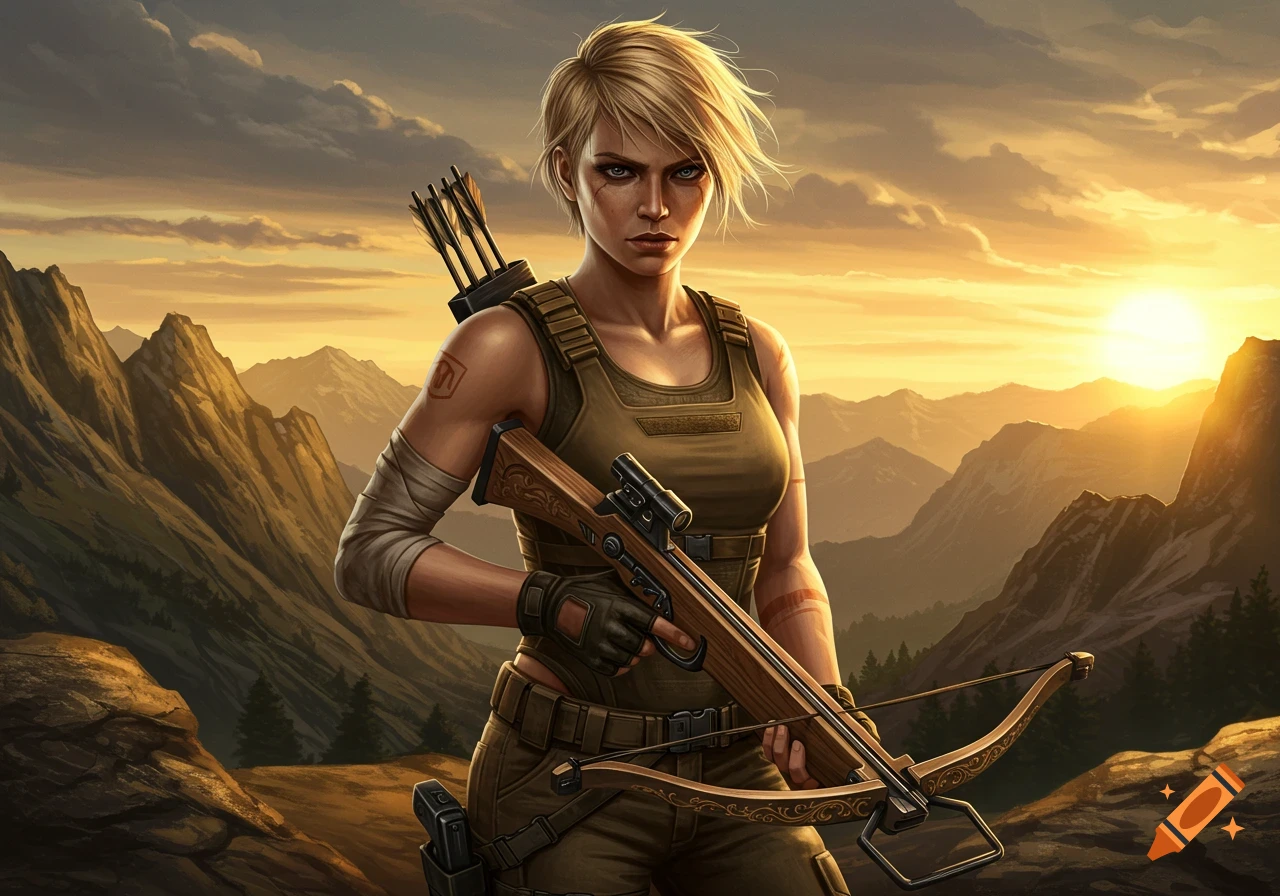 A blond short-haired woman in tactical gear holds a crossbow, standing in a mountainous landscape at sunset, digital art illustration.