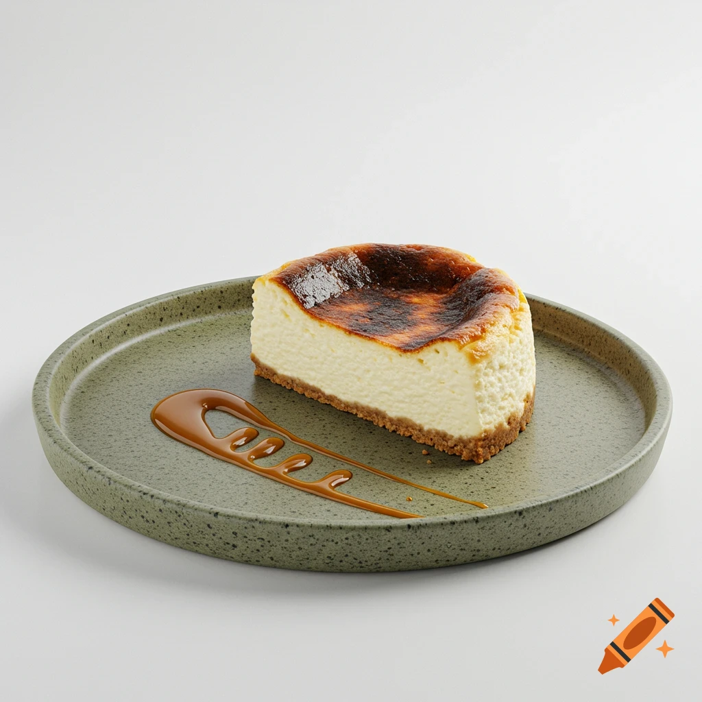 A photorealistic studio shot of a slice of San Sebastian cheesecake with a burnt top and caramel drizzle on a speckled green plate.