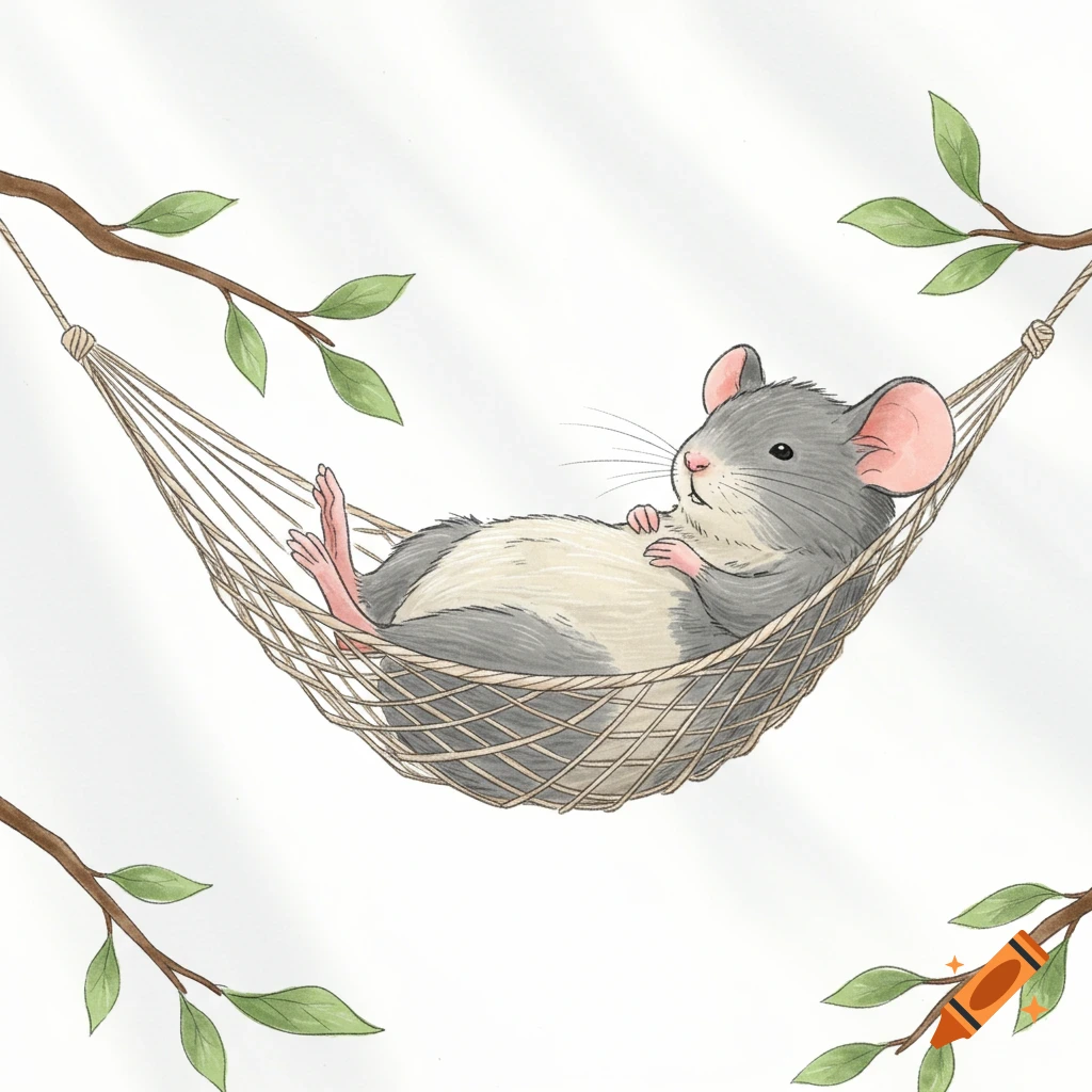 An adorable gray and white mouse relaxes in a woven hammock, strung between two leafy tree branches.