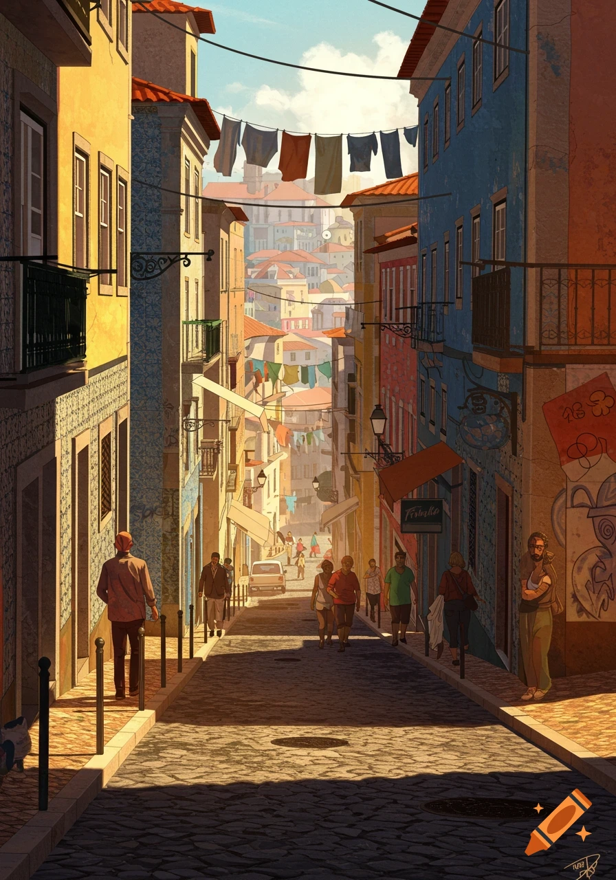 A vibrant, stylized illustration of a narrow, sunlit city street with colorful buildings, laundry lines, and people walking.